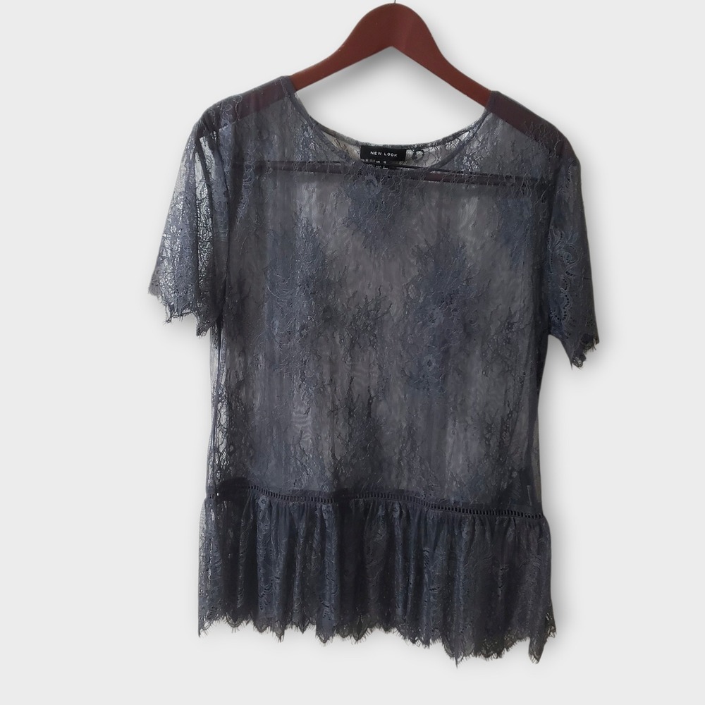 New Look Womens‎ Sheer Floral Lace Peplum Top Charcoal Grey Short Sleeve Size 8
